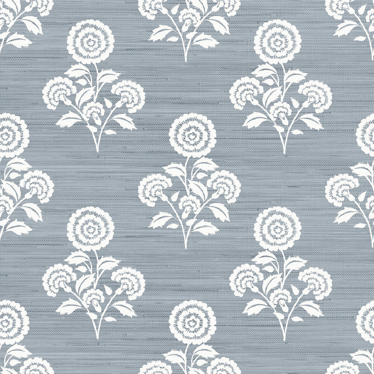 Flourish Block Print Mineral Blue Faux Grasscloth Peel & Stick Wallpaper with Botanical Coastal Motif - SSS6309