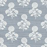 Flourish Block Print Mineral Blue Faux Grasscloth Peel & Stick Wallpaper with Botanical Coastal Motif - SSS6309