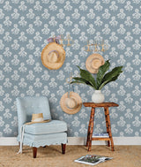 Flourish Block Print Mineral Blue Faux Grasscloth Peel & Stick Wallpaper with Botanical Coastal Motif - SSS6309