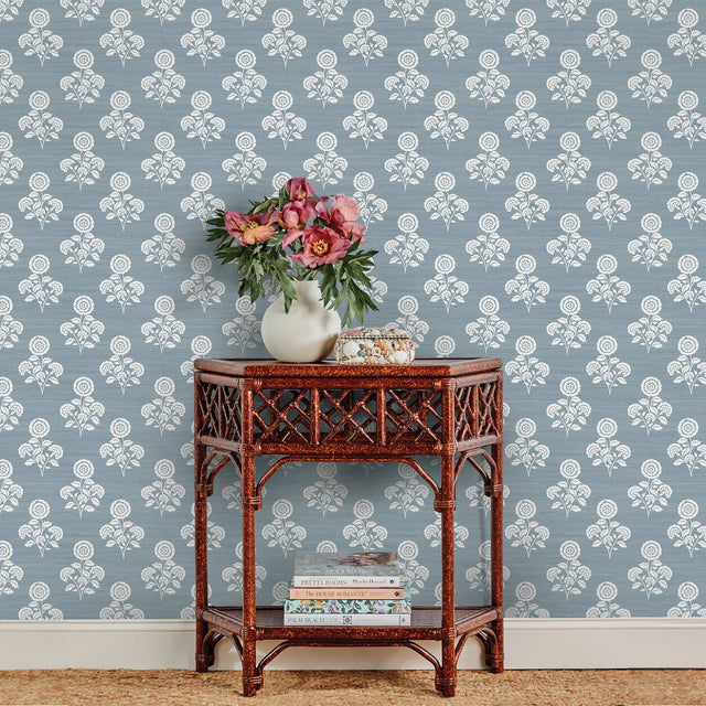 Flourish Block Print Mineral Blue Faux Grasscloth Peel & Stick Wallpaper with Botanical Coastal Motif - SSS6309