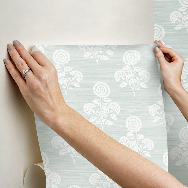 Flourish Block Print Whisper Blue Faux Grasscloth Peel & Stick Wallpaper, Coastal Botanical Pattern - SSS6310