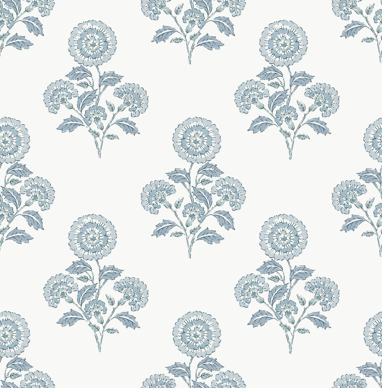 Flourish Block Print Blue on Blue Peel & Stick Wallpaper with Coastal Botanical Floral Motif - SSS6311