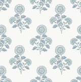 Flourish Block Print Blue on Blue Peel & Stick Wallpaper with Coastal Botanical Floral Motif - SSS6311
