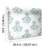 Flourish Block Print Blue on Blue Peel & Stick Wallpaper with Coastal Botanical Floral Motif - SSS6311