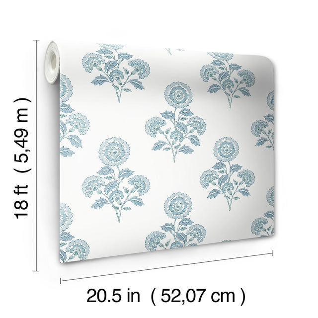 Flourish Block Print Blue on Blue Peel & Stick Wallpaper with Coastal Botanical Floral Motif - SSS6311