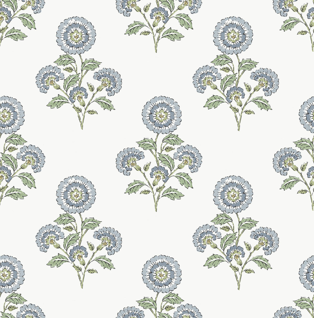 Flourish Block Print Blue & Green Multi Peel & Stick Wallpaper with Botanical Coastal Floral Pattern - SSS6312