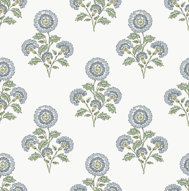 Flourish Block Print Blue & Green Multi Peel & Stick Wallpaper with Botanical Coastal Floral Pattern - SSS6312