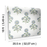 Flourish Block Print Blue & Green Multi Peel & Stick Wallpaper with Botanical Coastal Floral Pattern - SSS6312
