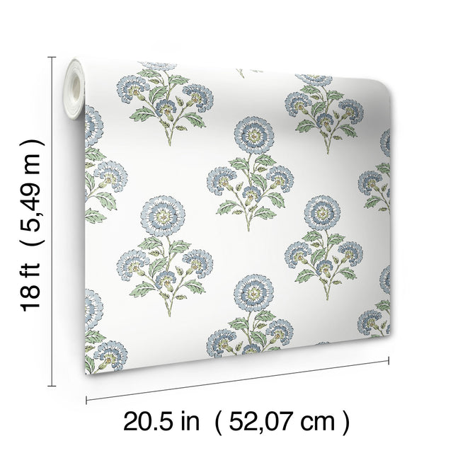 Flourish Block Print Blue & Green Multi Peel & Stick Wallpaper with Botanical Coastal Floral Pattern - SSS6312