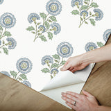 Flourish Block Print Blue & Green Multi Peel & Stick Wallpaper with Botanical Coastal Floral Pattern - SSS6312