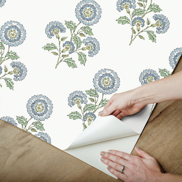 Flourish Block Print Blue & Green Multi Peel & Stick Wallpaper with Botanical Coastal Floral Pattern - SSS6312
