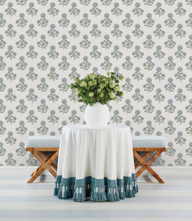 Flourish Block Print Blue & Green Multi Peel & Stick Wallpaper with Botanical Coastal Floral Pattern - SSS6312