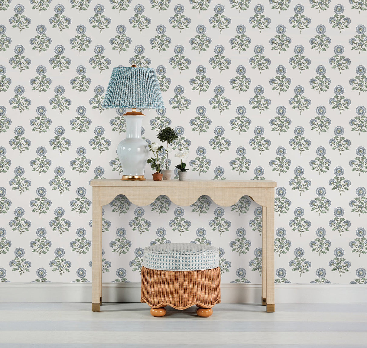 Flourish Block Print Blue & Green Multi Peel & Stick Wallpaper with Botanical Coastal Floral Pattern - SSS6312