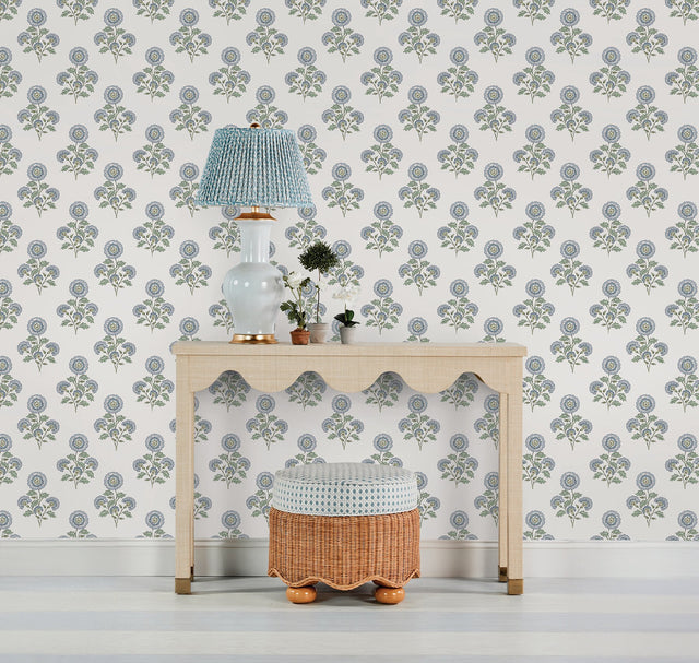 Flourish Block Print Blue & Green Multi Peel & Stick Wallpaper with Botanical Coastal Floral Pattern - SSS6312