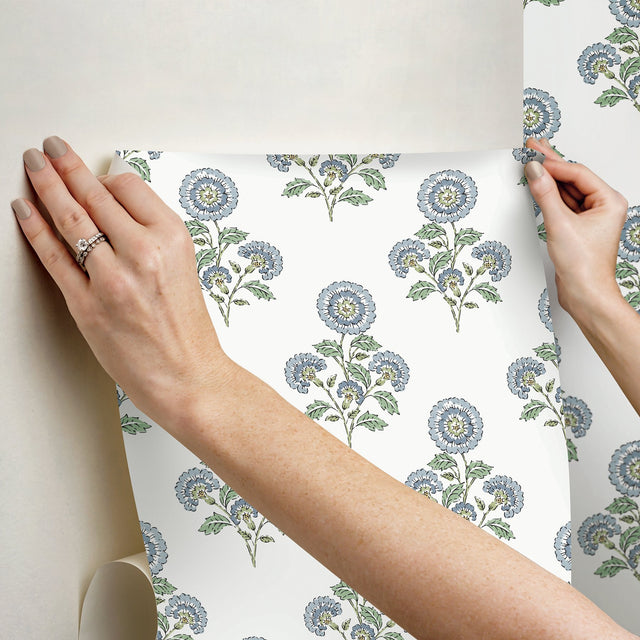 Flourish Block Print Blue & Green Multi Peel & Stick Wallpaper with Botanical Coastal Floral Pattern - SSS6312