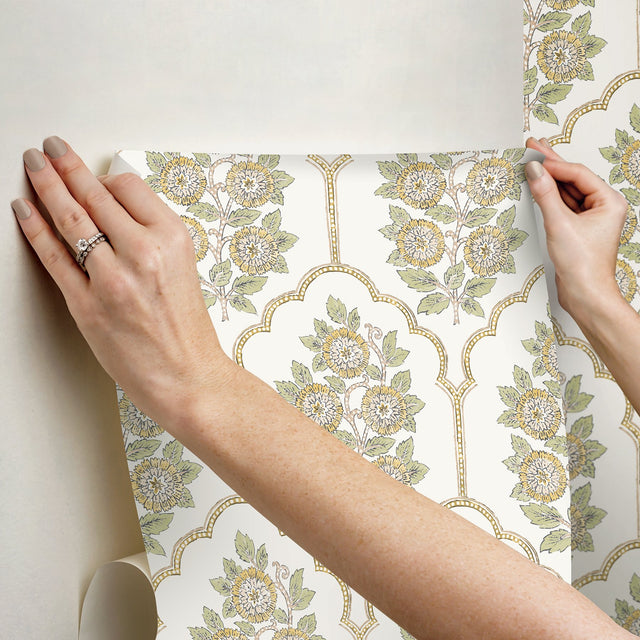 Floral Bazaar Ochre Peel & Stick Wallpaper with Botanical Floral Tile Motif - SSS6313