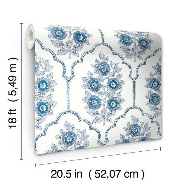 Floral Bazaar Delft Blue Peel & Stick Wallpaper with Botanical Coastal Flowers Motif - NuWallpaper SSS6315