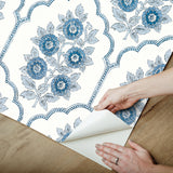Floral Bazaar Delft Blue Peel & Stick Wallpaper with Botanical Coastal Flowers Motif - NuWallpaper SSS6315