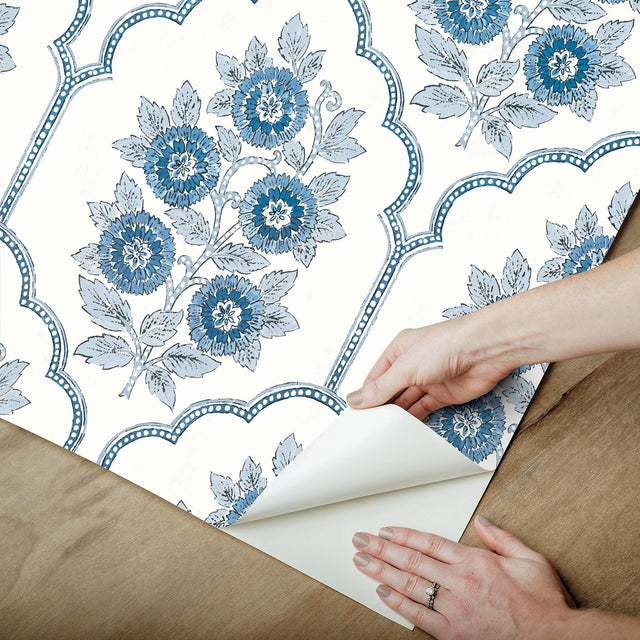 Floral Bazaar Delft Blue Peel & Stick Wallpaper with Botanical Coastal Flowers Motif - NuWallpaper SSS6315