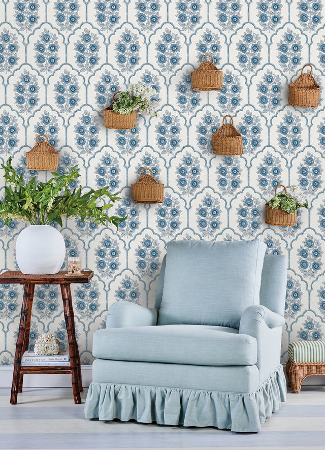 Floral Bazaar Delft Blue Peel & Stick Wallpaper with Botanical Coastal Flowers Motif - NuWallpaper SSS6315