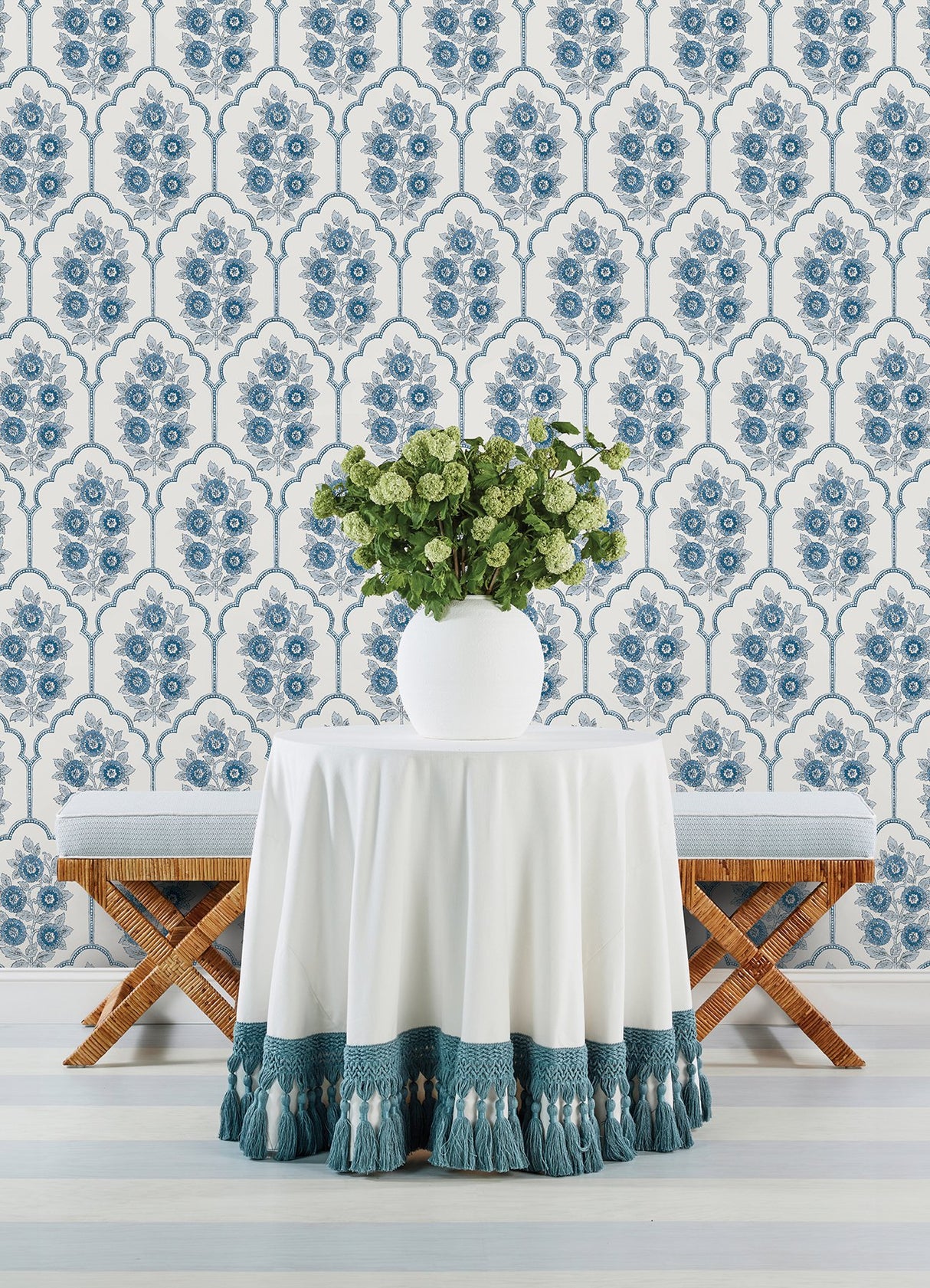 Floral Bazaar Delft Blue Peel & Stick Wallpaper with Botanical Coastal Flowers Motif - NuWallpaper SSS6315