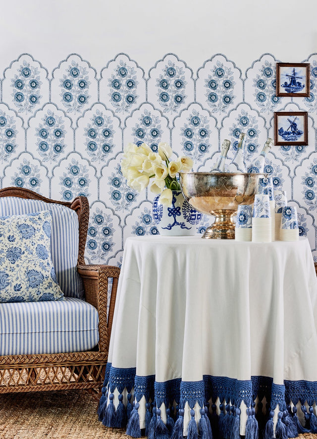 Floral Bazaar Delft Blue Peel & Stick Wallpaper with Botanical Coastal Flowers Motif - NuWallpaper SSS6315