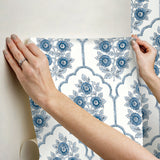 Floral Bazaar Delft Blue Peel & Stick Wallpaper with Botanical Coastal Flowers Motif - NuWallpaper SSS6315