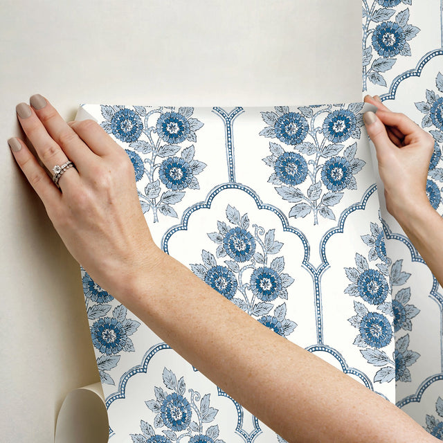 Floral Bazaar Delft Blue Peel & Stick Wallpaper with Botanical Coastal Flowers Motif - NuWallpaper SSS6315