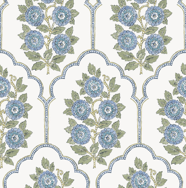 Floral Bazaar Green and Blue Peel & Stick Wallpaper with Botanical Floral Pattern, Coastal Style - SSS6316