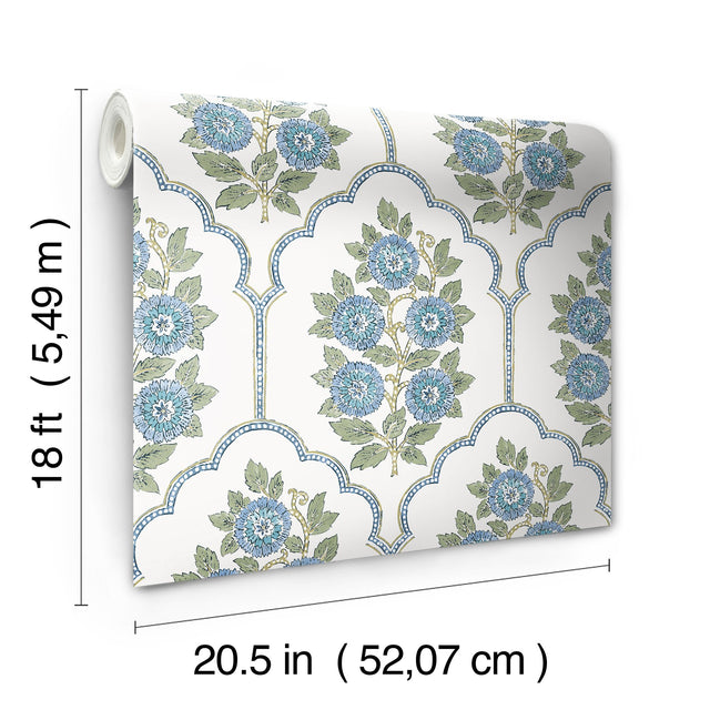 Floral Bazaar Green and Blue Peel & Stick Wallpaper with Botanical Floral Pattern, Coastal Style - SSS6316