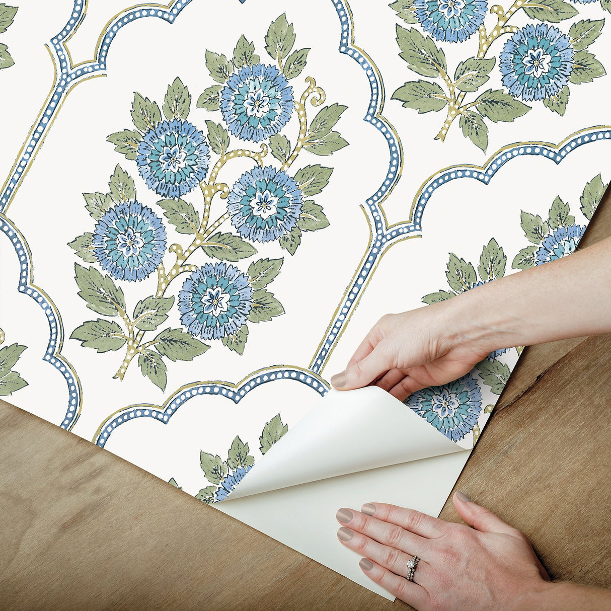 Floral Bazaar Green and Blue Peel & Stick Wallpaper with Botanical Floral Pattern, Coastal Style - SSS6316