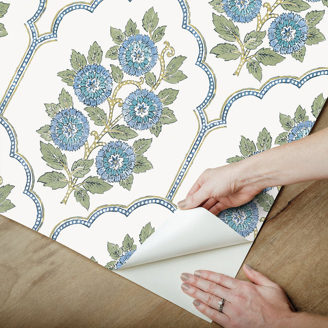 Floral Bazaar Green and Blue Peel & Stick Wallpaper with Botanical Floral Pattern, Coastal Style - SSS6316
