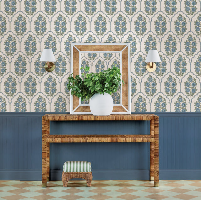 Floral Bazaar Green and Blue Peel & Stick Wallpaper with Botanical Floral Pattern, Coastal Style - SSS6316