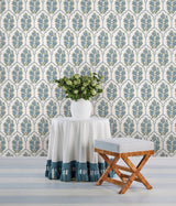 Floral Bazaar Green and Blue Peel & Stick Wallpaper with Botanical Floral Pattern, Coastal Style - SSS6316