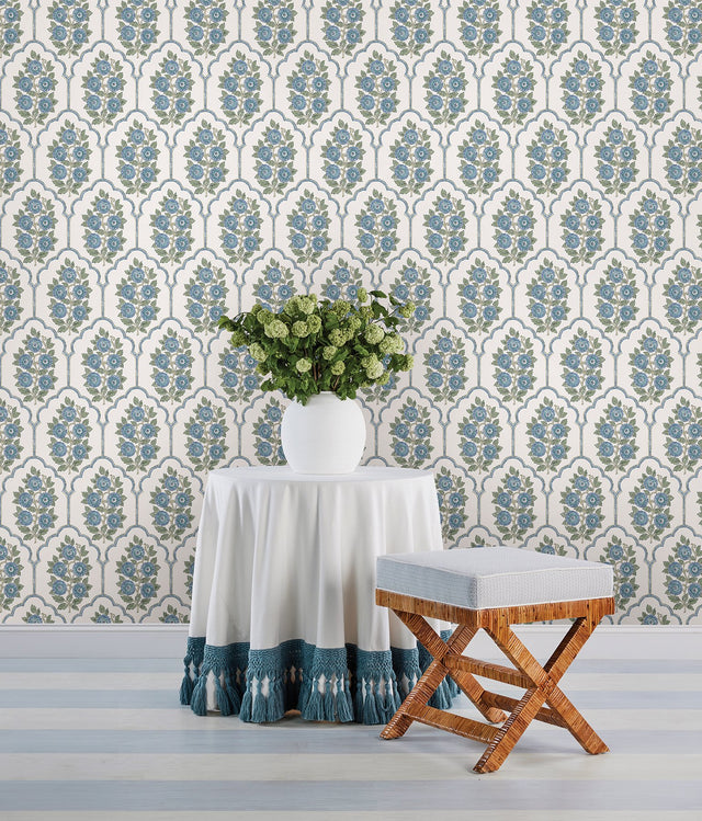 Floral Bazaar Green and Blue Peel & Stick Wallpaper with Botanical Floral Pattern, Coastal Style - SSS6316