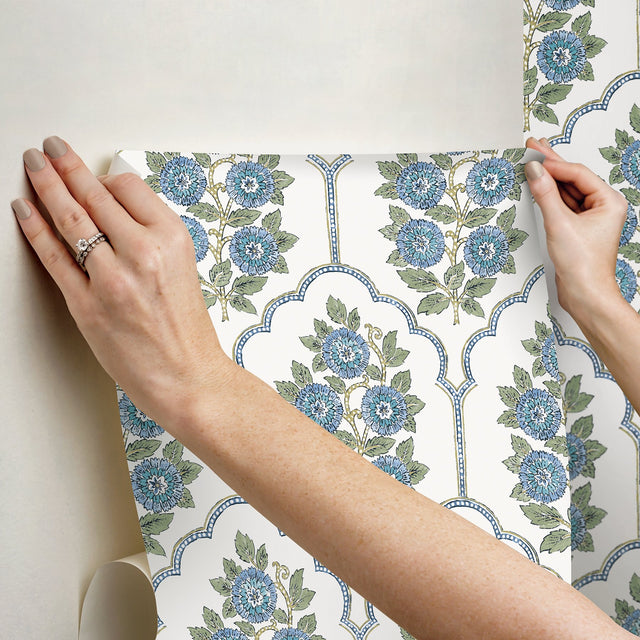 Floral Bazaar Green and Blue Peel & Stick Wallpaper with Botanical Floral Pattern, Coastal Style - SSS6316