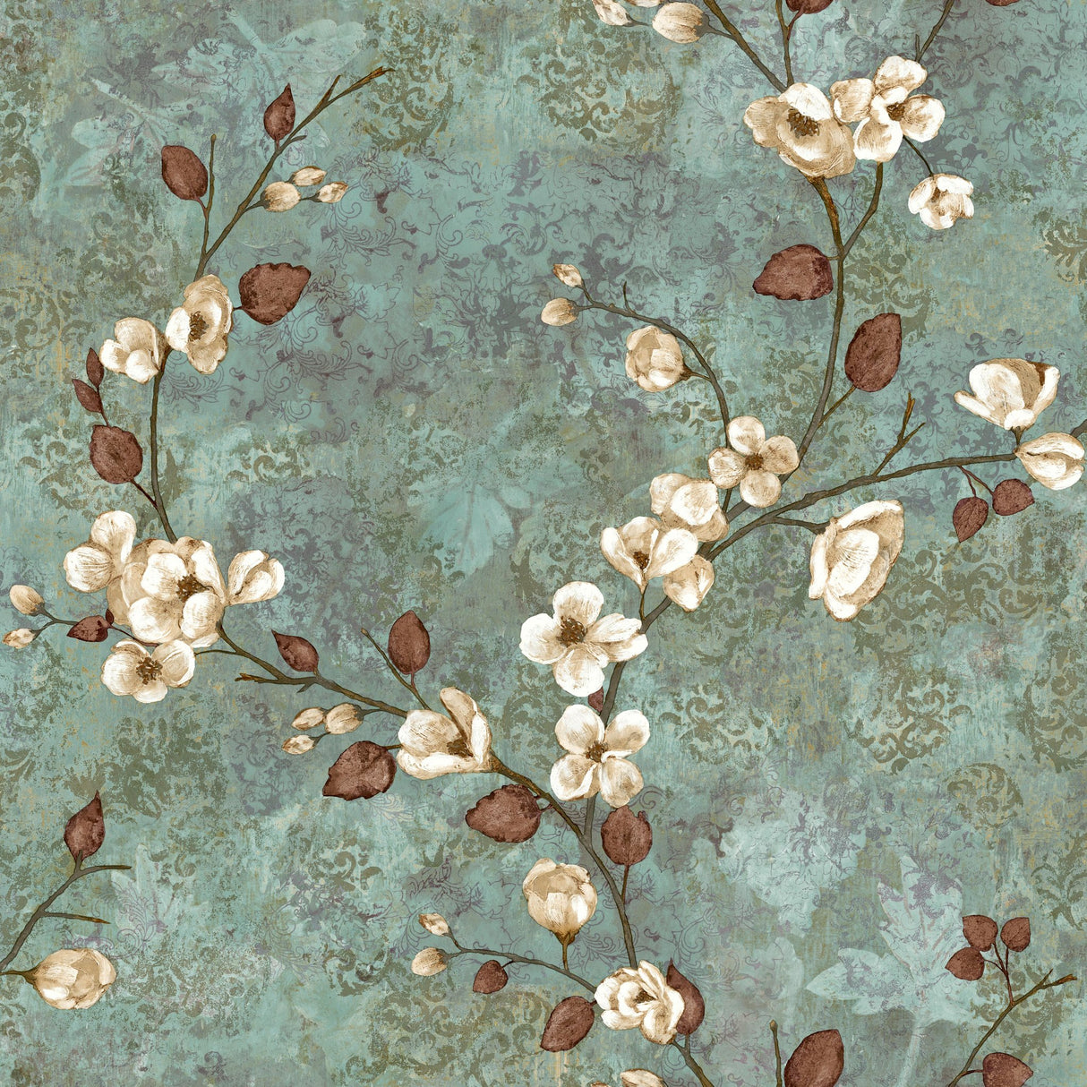 Dogwood Teal & Dark Brown Wallpaper with Floral Branch Pattern, Classic Style - York TB4314