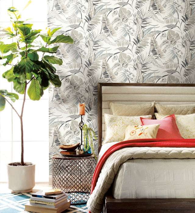 Tropical Toss White Wallpaper with Botanical Palm Leaf Pattern - York TC2622