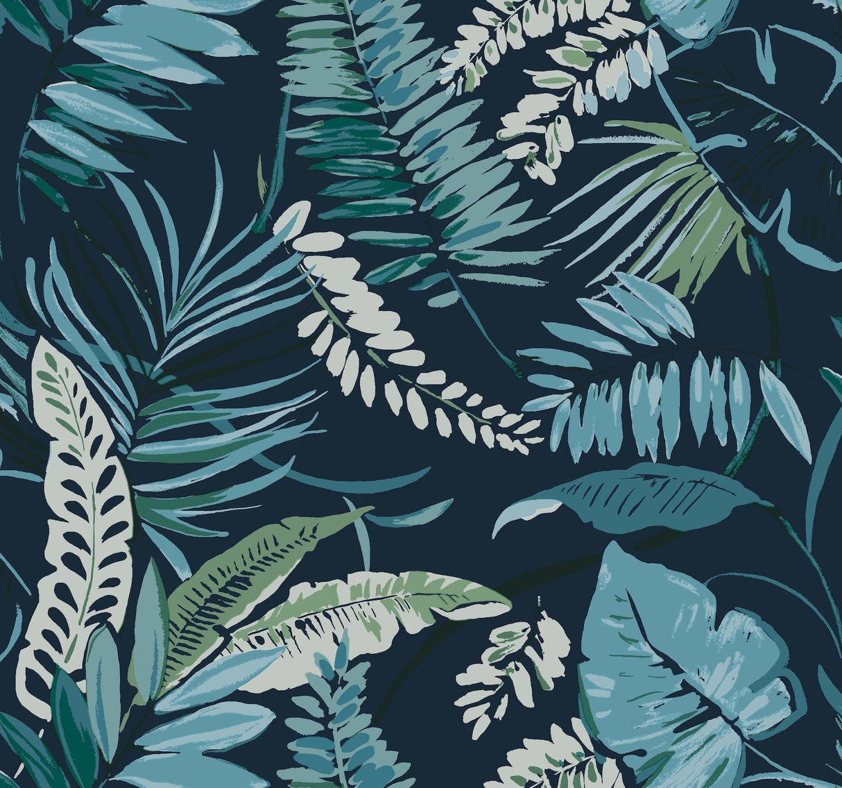 Tropical Toss Navy Wallpaper with Botanical Tropical Leaf Pattern, Prepasted Sure Strip - York TC2623
