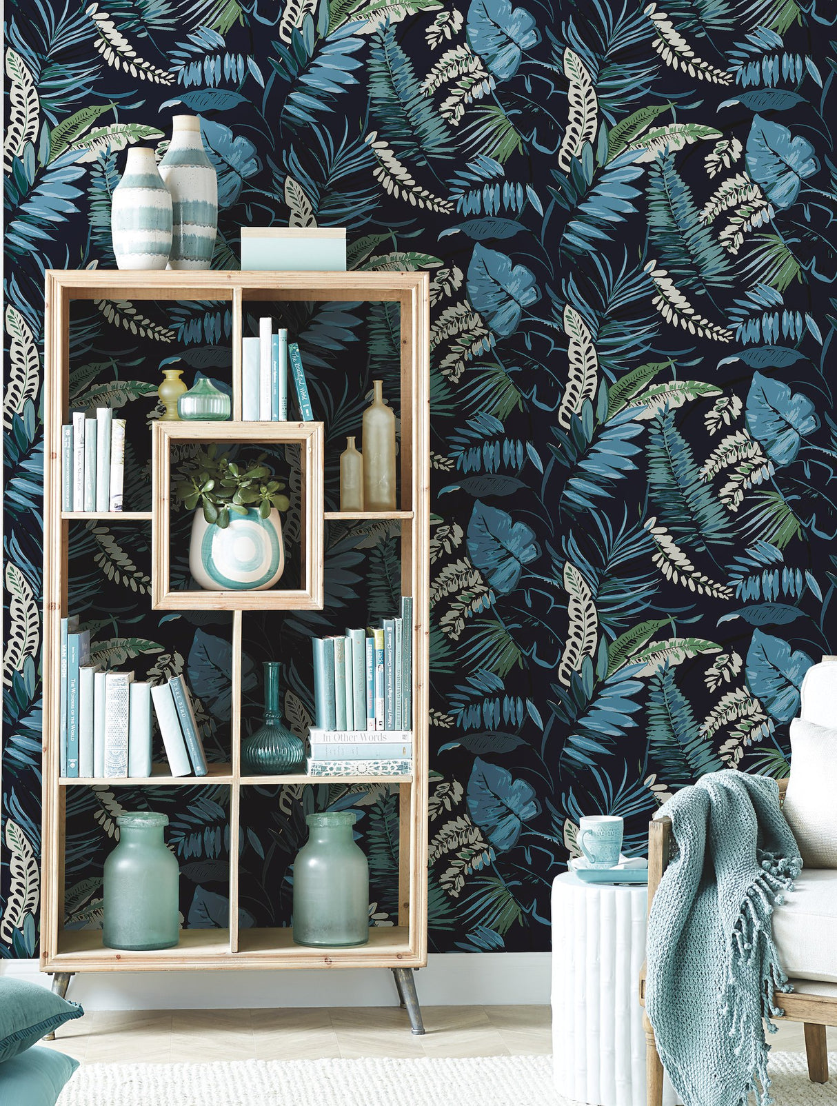 Tropical Toss Navy Wallpaper with Botanical Tropical Leaf Pattern, Prepasted Sure Strip - York TC2623