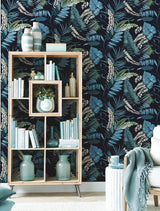 Tropical Toss Navy Wallpaper with Botanical Tropical Leaf Pattern, Prepasted Sure Strip - York TC2623
