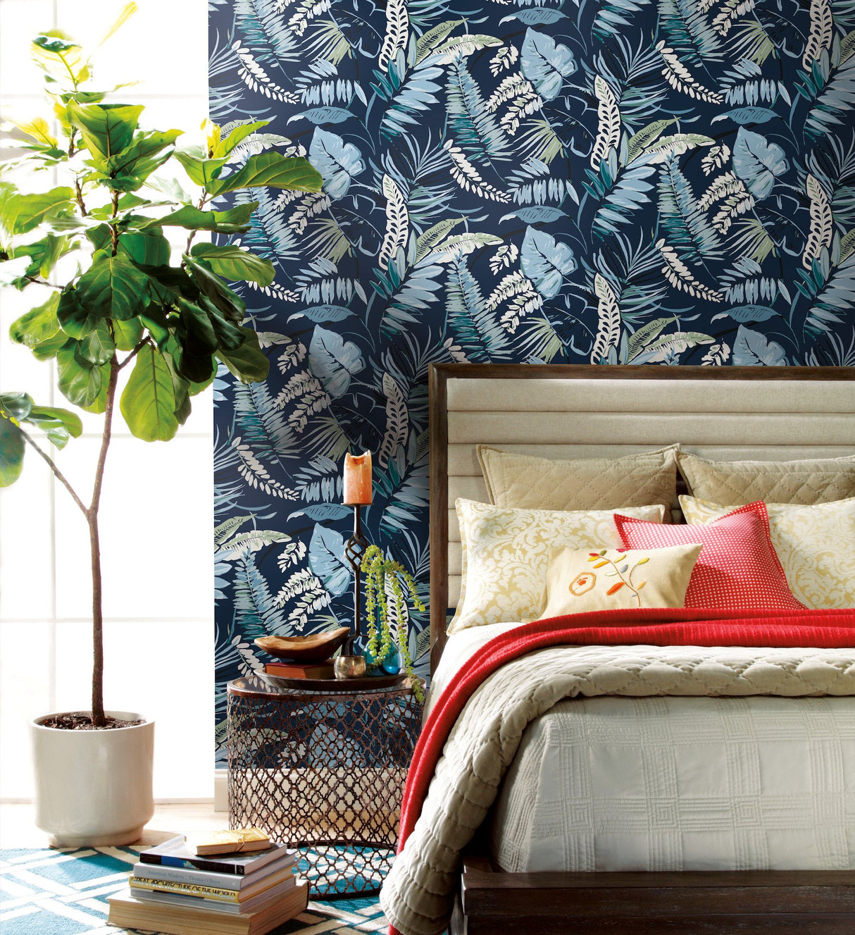 Tropical Toss Navy Wallpaper with Botanical Tropical Leaf Pattern, Prepasted Sure Strip - York TC2623
