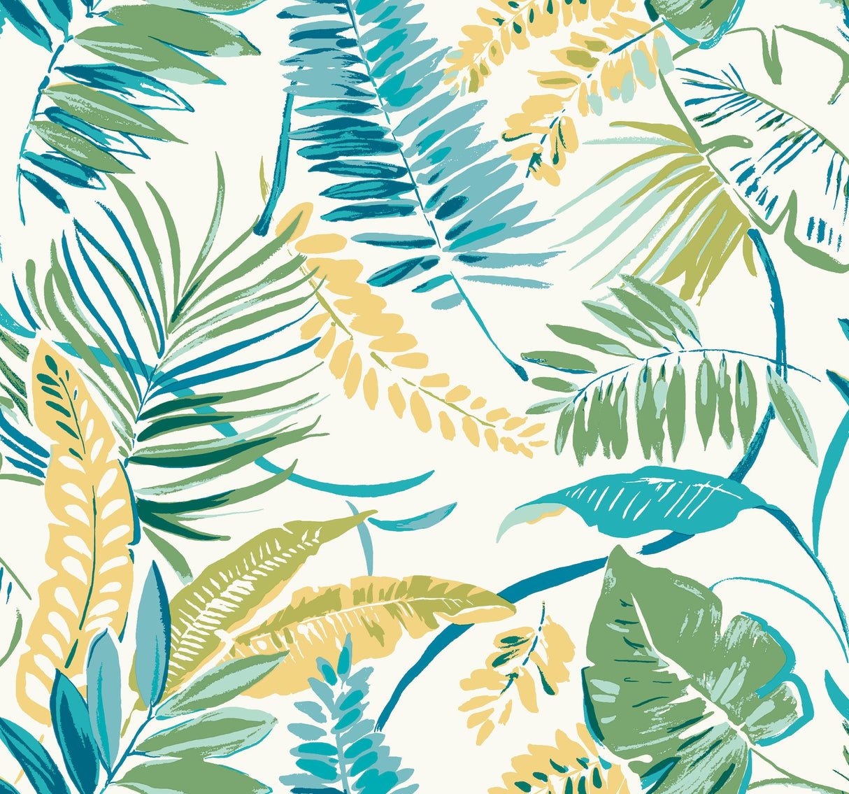 Tropical Toss Aqua & Yellow Prepasted Sure Strip Wallpaper with Botanical Palm Leaf Motif - York TC2626