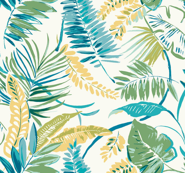 Tropical Toss Aqua & Yellow Prepasted Sure Strip Wallpaper with Botanical Palm Leaf Motif - York TC2626