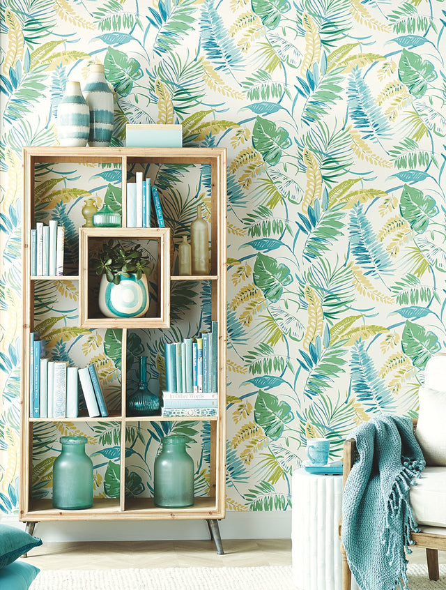 Tropical Toss Aqua & Yellow Prepasted Sure Strip Wallpaper with Botanical Palm Leaf Motif - York TC2626