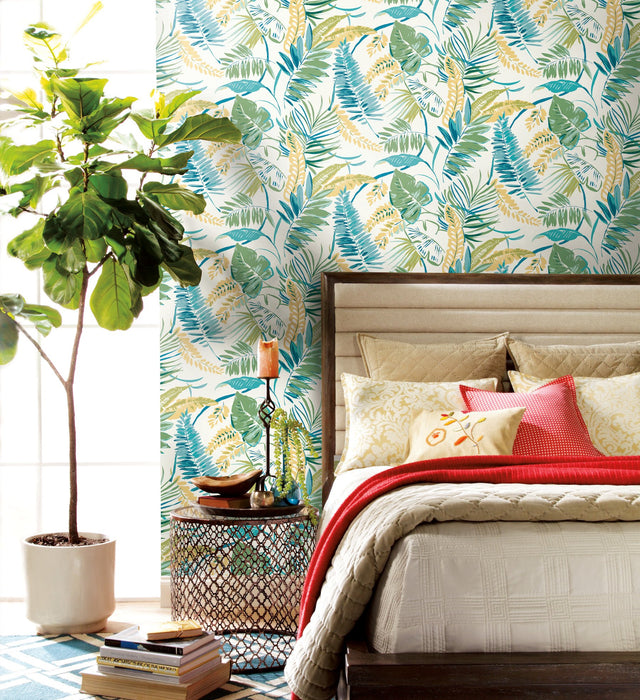 Tropical Toss Aqua & Yellow Prepasted Sure Strip Wallpaper with Botanical Palm Leaf Motif - York TC2626