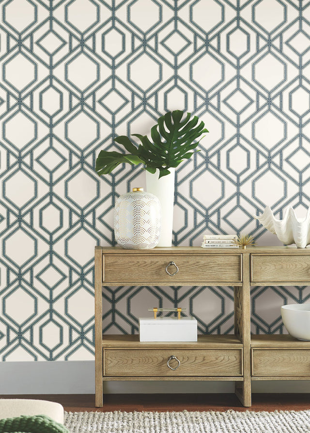 Sawgrass Trellis White & Blue Wallpaper with Geometric Lattice Pattern - York TC2634