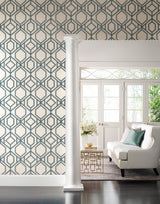 Sawgrass Trellis White & Blue Wallpaper with Geometric Lattice Pattern - York TC2634