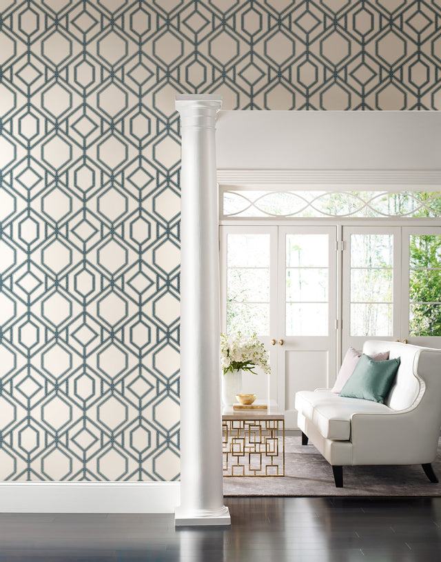 Sawgrass Trellis White & Blue Wallpaper with Geometric Lattice Pattern - York TC2634