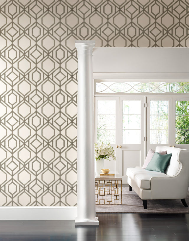 Sawgrass Trellis White & Taupe Wallpaper with Geometric Trellis Pattern - York TC2635